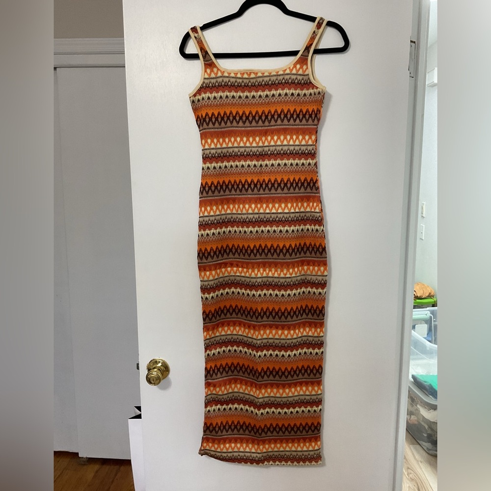 Amazon Orange and Black Patterned Midi Dress